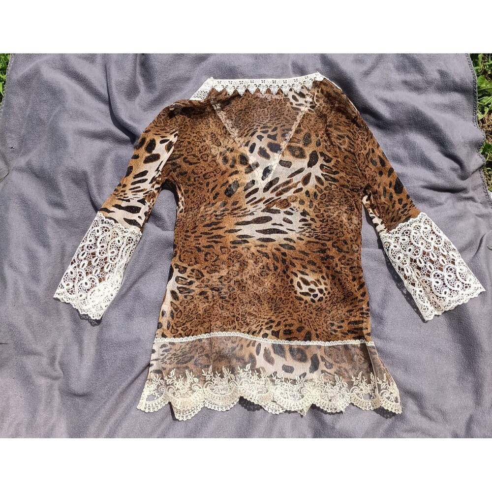 Passion Concept XL Leopard Print Lace Jeweled Long Sleeve Y2K Boho Festival Top - Picture 3 of 5
